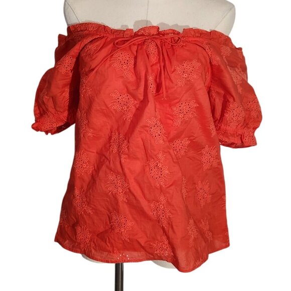 J.Crew Red Off-The-Shoulder Embroidered Cotton Top New With Tags Womens Size XS - Picture 1 of 15